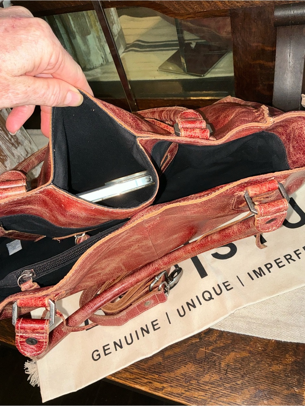NWT Bed Stu Leather Rockaway Shoulder Crossbody Bag Tote Cherry Red Lacquer $345 - Picture 12 of 16